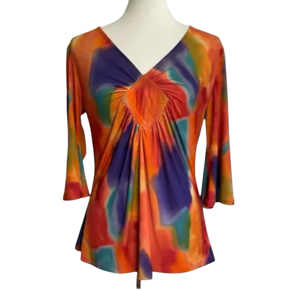 Ellen & Company Watercolor V-Neck Top Womens Small Multicolor
